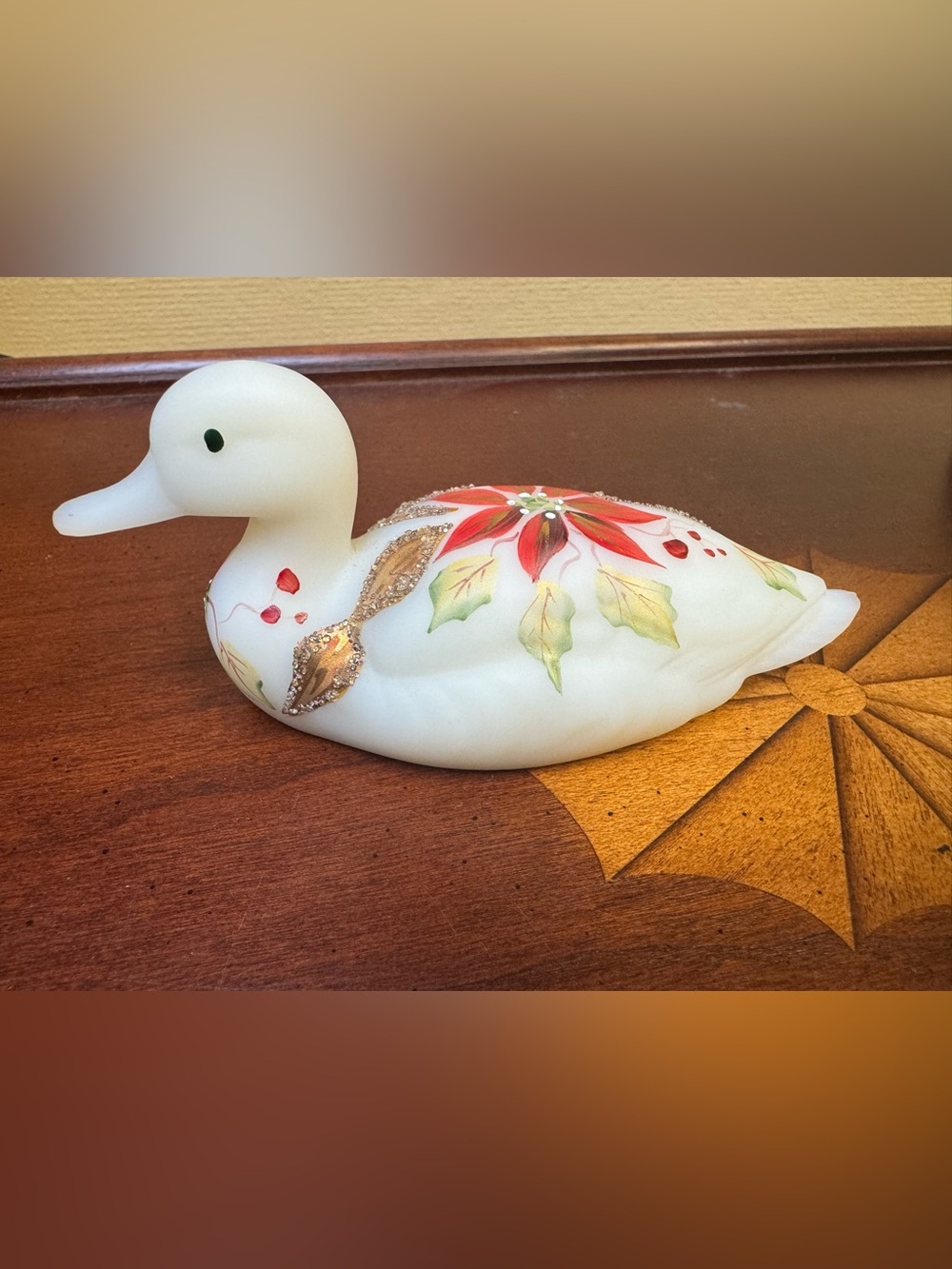 Fenton Hand-Painted White Glass Duck Figurine with Red Poinsettia